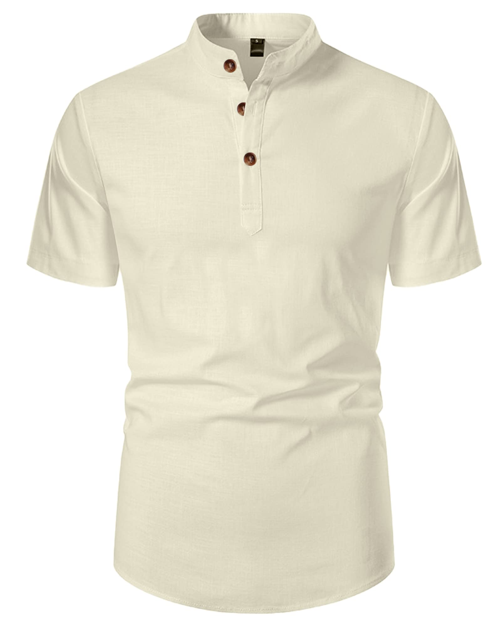 LVCBL Camisa de lino de algodón para hombre, manga corta, Henley, camisa de verano, corte regular, informal, con bolsillos