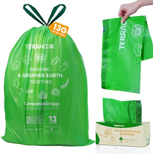 13 Gallon Compostable Trash Bags With Drawstring, Heavy Duty Extra Thick 1 Mil, 35 Bags, Tall Kitchen Food Scrap Waste Bag, ASTM D6400 Certified_desvips.com