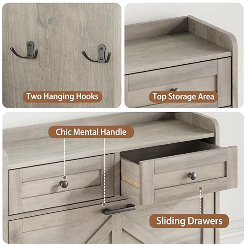 Image of Shoe Cabinet with 2 Flip Drawers & 2 Top Drawers, 43 inch Tall Freestanding Narrow Wooden Shoe Storage Organizer for Entryway, Hidden Slim Shoe Rack for Front Door Entrance, Hallway, Living Room, Grey