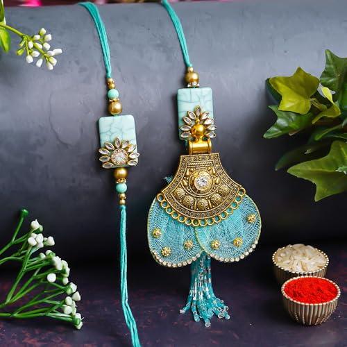 Image of Bhai Bhabhi Rakhi Set - Peacock Designer Rakhi with Stone & Pearl Work Lumba with Tassel for Bhabhi | Raksha Bandhan Gift