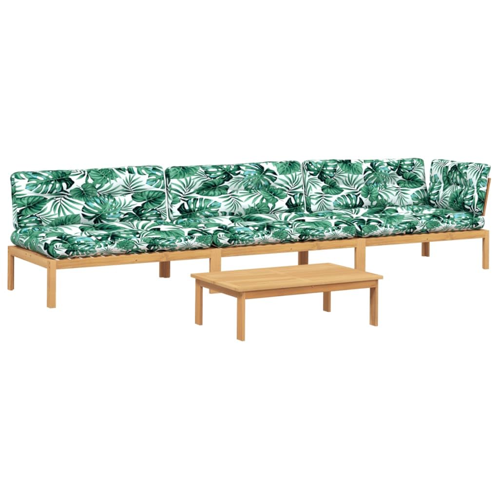 Juego de 4 sofás de jardín de palés con cojines de madera de acacia, 1 mesa y 3 sofás para relax al aire libre, madera maciza duradera, cómodos cojines acolchados modulares