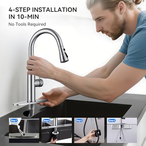 Kitchen Faucet with Pull Down Sprayer, Chrome Faucet for Kitchen Sink Stainless Steel Kitchen Faucets, Single Handle 1 or 3 Hole Faucet with Escutcheon for RV, Outdoor, Laundry & Utility Room Sink
