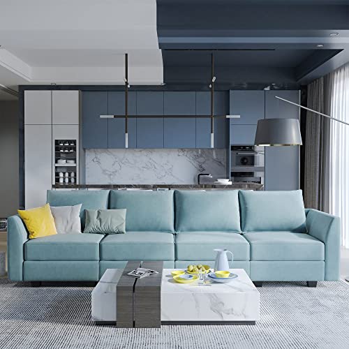 Honbay 102'' Modular Sofa Couch Upholstered Fabric Sofa With Storage Seats 4 Piece Sofa For Living Room, Aqua Blue #TOP4