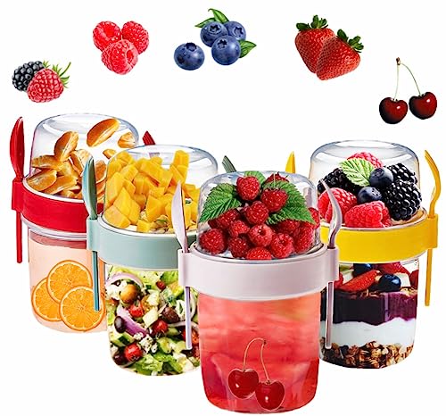 VL Yogurt Pots Reusable Overnight Oats Container with Spoon & Fork BPA free Breakfast Pots to GO Muesli Cereal On the Go Dishwasher Safe Lunch Box Oatmeal Jars ((Red, Pink, Grey & Yellow), 1100ml)