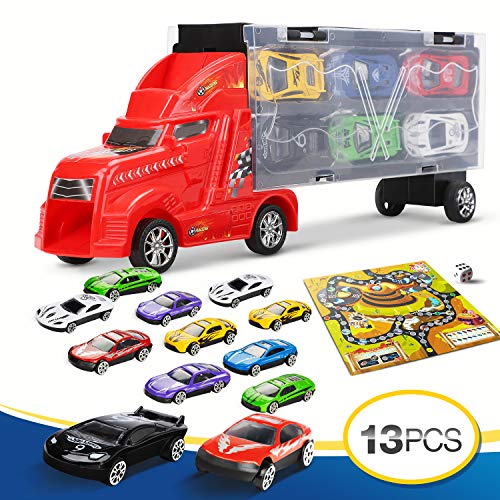 lenbest Camión Transportador, Coches Juguete para Niños, Un Total 12 Coches, Maletín Portacoches - 6 Colores, Cada uno Color Tiene Dos Coches, 3 Años o más Jugar
