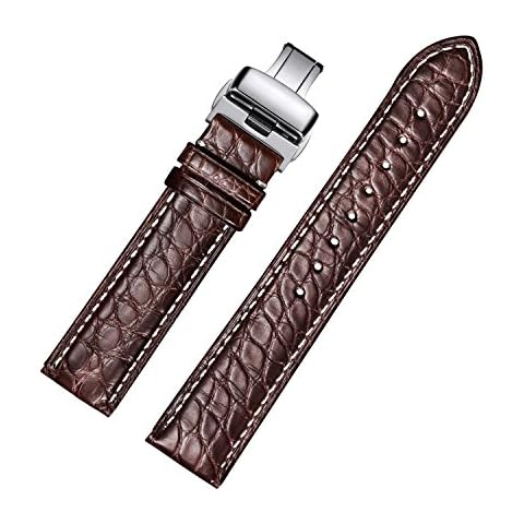 MUENShop 19MM Crocodile Leather Watch Strap with Deployment Clasp Brown Alligator Replacement Strap Deployment Polished Watch Band for Men Women Cover