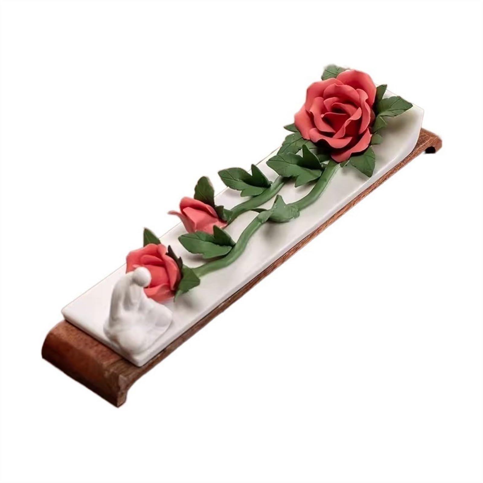 incense burner Exquisite Ceramic Flower Shaped Incense Burner Indoor Zen Line Tray Wooden Chassis Incense Holders(A)