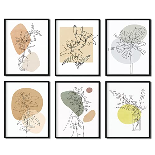 Abstract Line Floral Wall Art - Minimalist 6 Pieces Bohemian Flower Picture Posters Boho Geometric Artwork Unframed 8X10 Inch Prints Paper Paintings For People Living Room Bathroom Bedroom Home Decor #TOP7