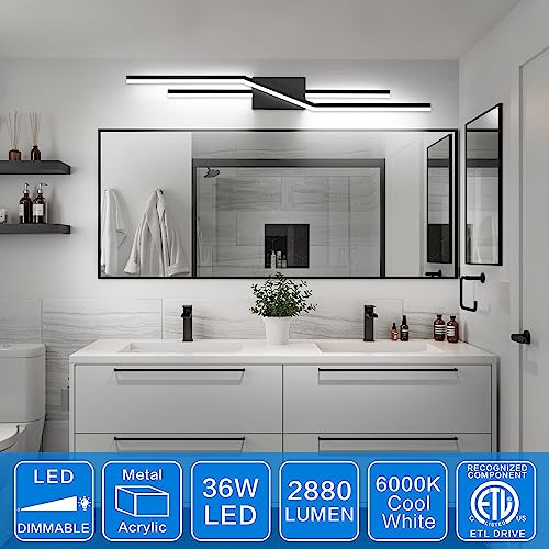 Image of SOLFART Modern Bathroom Light Fixture, 40 inch LED Vanity Light, Black Finish, Dimmable, Integrated LED, Water Resistant, 36W, 2600+lm, 6000K-D, for Bathroom, Hallway, Bedroom