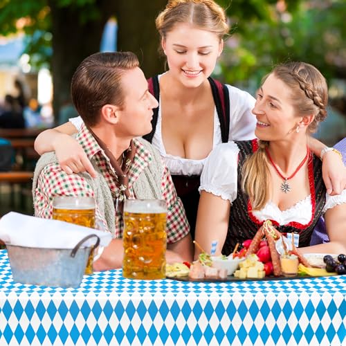 Image of 4 PCS Oktoberfest Decoration, 54 X 108 IN Blue White Checkered Plastic Oktoberfest Tablecloth, Disposable Rectangular German Theme Table Supplies, Bavarian Tablecover, Beer Tablecloth for Party Picnic