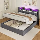 MODENVIE Cama King Size 180x200 sin Colchón, Canapé Abatible Hidráulico, LED-Bett con USB y Cabecero Ajustable con Almacenamiento Secreto y Bolsillos, Gris
