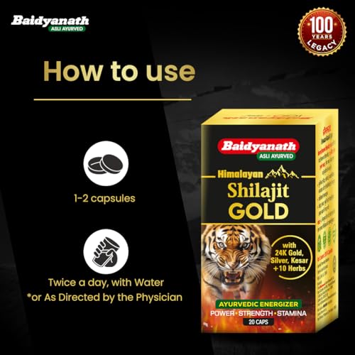 Image of Baidyanath Himalayan Shilajit Gold | Ayurvedic Blend with Pure Shilajit, Gold, Silver & Herbal Extracts | Supports General Wellness & Daily Vitality | 20 Capsules