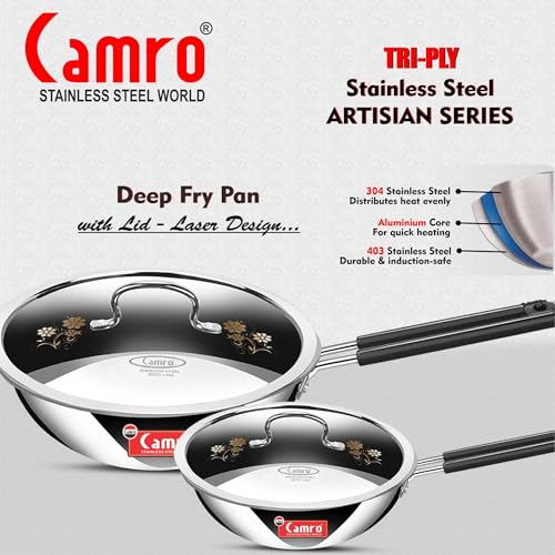 Image of Camro Triply Artisian Deep Fry Pan with Lid (11 No, 1.2 Liters) | Induction Friendly Dishwasher Safe | Gas Stove Compatible | 15+Years of Innovation and Quality