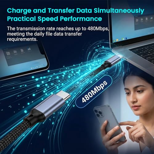 Image of Verilux 2 in 1 Type C to Dual C Cable 1.2M, PD 100W C Type Charger Cable with 480Mbps Data Transfer, Nylon Braided USB C for iPhone 17 /16 /15, Galaxy S26 /S25 /S24 /S23, Laptops, iPad, Switch, Blue-gray