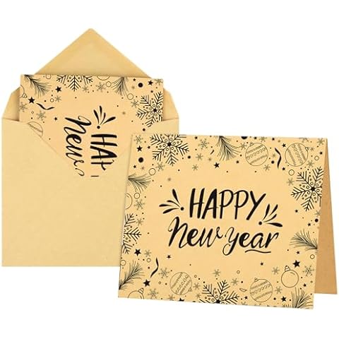 Morcheiong 36pcs Happy New Year Greeting Cards with Envelopes and Stickers Kraft Holiday Note Cards Blank Inside - Fashion Style Cover
