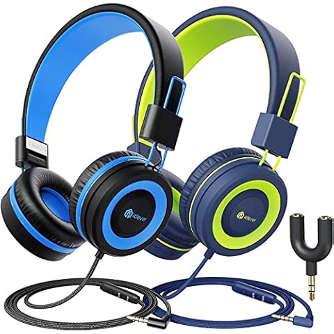iClever 2 Pack Kinder Kopfhörer, 85/94 dB Kabelgebundene Kopfhörer für Kinder mit MIC, Lautstärkeregelung Einstellbare Stirnband Cover