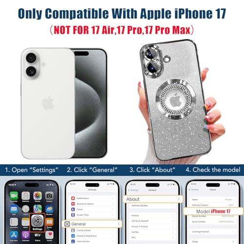 Image of Misscase for iPhone 17 Magnetic Glitter Case Compatible with MagSafe,Full Protection Slim Shockproof Anti-Scratch Case with Camera Lens Protector Plating Bling Dust-Proof Net for Women Silver