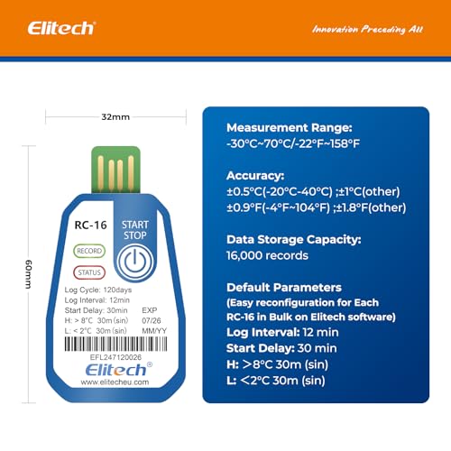 Image of Elitech 2000Pack RC-16 USB Disposable Data Logger Recorder, up to 120 Days Transportation, Bulk Order & Customizable for Business, Temperature Monitoring Report, Defult Celsius -30C to 70C