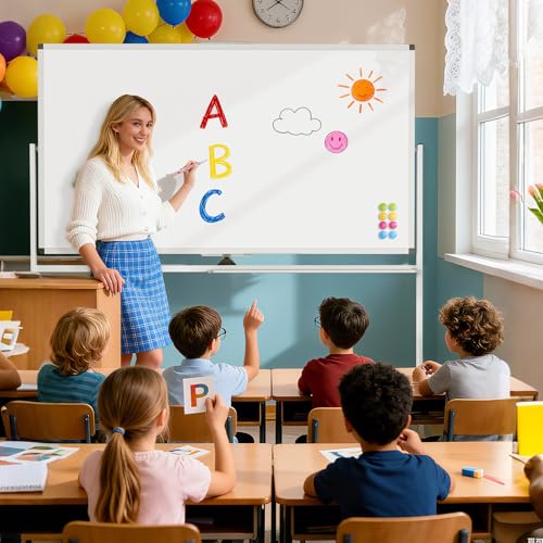 Image of Rolling Whiteboard 72 inch x 40 inch Sturdy Dry Erase White Board on Wheel | Large Magnetic Standing Whiteboard Easel with Double-Sided, Office Supplies, Home, School, Sliver Frame