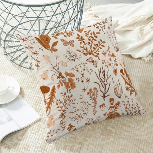 Image of AEIOAE Fall Pillow Covers 24x24 Inch Set of 2,Burnt Orange Wild Flower Plant Throw Pillows Case,Seasonal Floral Outdoor Decorative Square Linen Farmhouse Decor Cushion Covers for Home Sofa Bed Couch