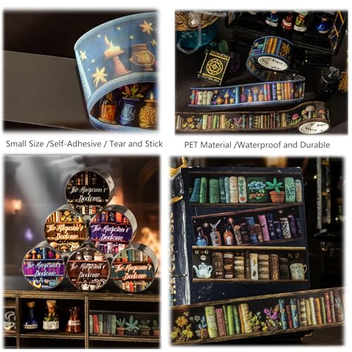 Image of Magic PET Washi Tape Set,6 Rolls Vintage Reading Themed Scrapbook Tape Stickers for Journaling Supplies,Bullet Journaling,Planner,Notebook,Calendar,Photo Frame,DIY Craft(Magician Bookcase)