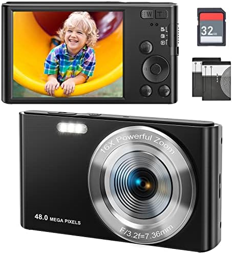Digital Camera, 4K 48MP Compact Camera for Kids Digital Video Camera with 16X Digital Zoom, Portable Point and Shoot Digital Cameras for Beginners,Students,Teens with 32GB SD Card and 2 Batteries