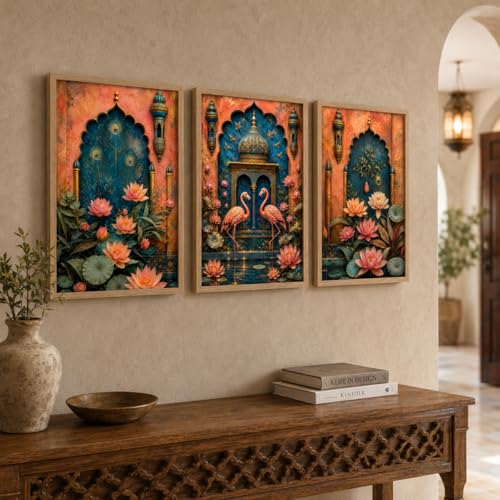 Image of Artify Set of 3 Lotus Palace Flamingo Wall Painting for Living Room Bedroom Hall Decor, Premium Wooden Synthetic Frame Artistic Gift