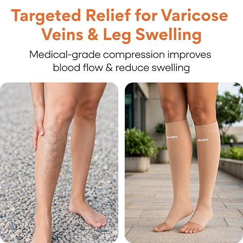 Image of FOVERA Varicose Vein Compression Stockings - Medical Grade Class 2 (23-32 mmHg) Seamless Open Toe Sleeves for DVT, Leg Swelling, Edema, Pain Relief, Unisex Men & Women