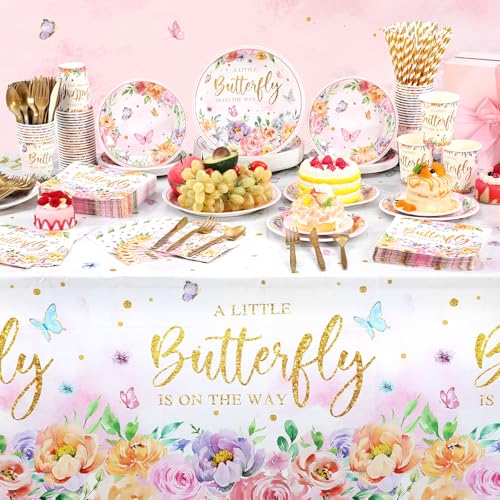 Image of Funnymoom 452 Pcs Floral Butterfly Baby Shower Decorations, a Little Butterfly Is on the Way Paper Plates Napkins Cups Tablecloth Cutlery Straws for Summer Floral Baby Shower Party Supplies