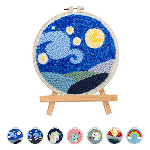 Punch Needle Starter Kits Punch Needle Tool DIY Rug Punch Beginners Kit with an Adjustable Punch Needle Embroidery Frame 7.8x7.8 Inch (Starry Sky)
