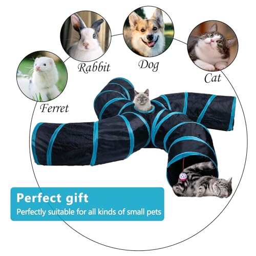 Image of EGETOTA Cat Tunnel for Indoor Cats Large, with Play Ball S-Shape 4 Way Collapsible Interactive Peek Hole Pet Tube Toys, Puppy, Kitty, Kitten, Rabbit (S4 - Black & Blue)
