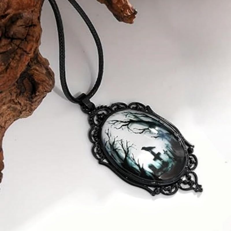 YWMAN 2Pcs Goth Edgar Allan Poe Necklace Set, Raven Cross/Black Cat Cameo Necklace, Gothic Literary Jewelry for Women, Halloween Jewelry for Book Lover & Dark Academia, Gothic Horror Reader's Gift3