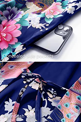 Image of BABEYOND Women's Kimono Robe Long Satin Robes with Peacock and Blossoms Printed Kimono Nightgown