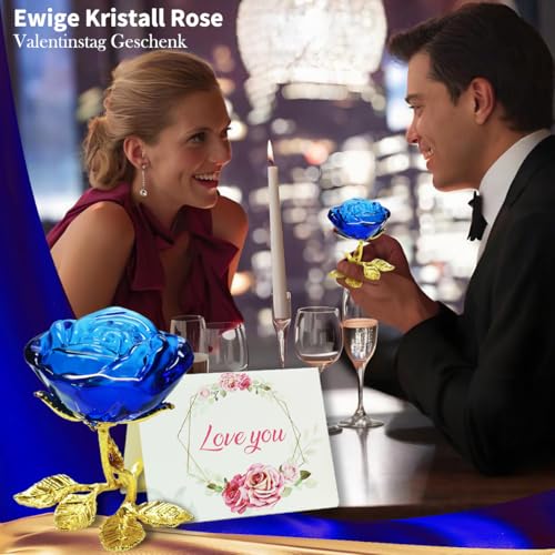 Blau Kristall Rose Figur mit Golden Stiel,3D Glasrose Geschenk für Sie, K9 Kristallrose mit Wunschkarte,Ewige Blume für Frauen zum Geburtstag, Muttertag, Hochzeit, Jahrestag, Valentinstag, Weihnachten