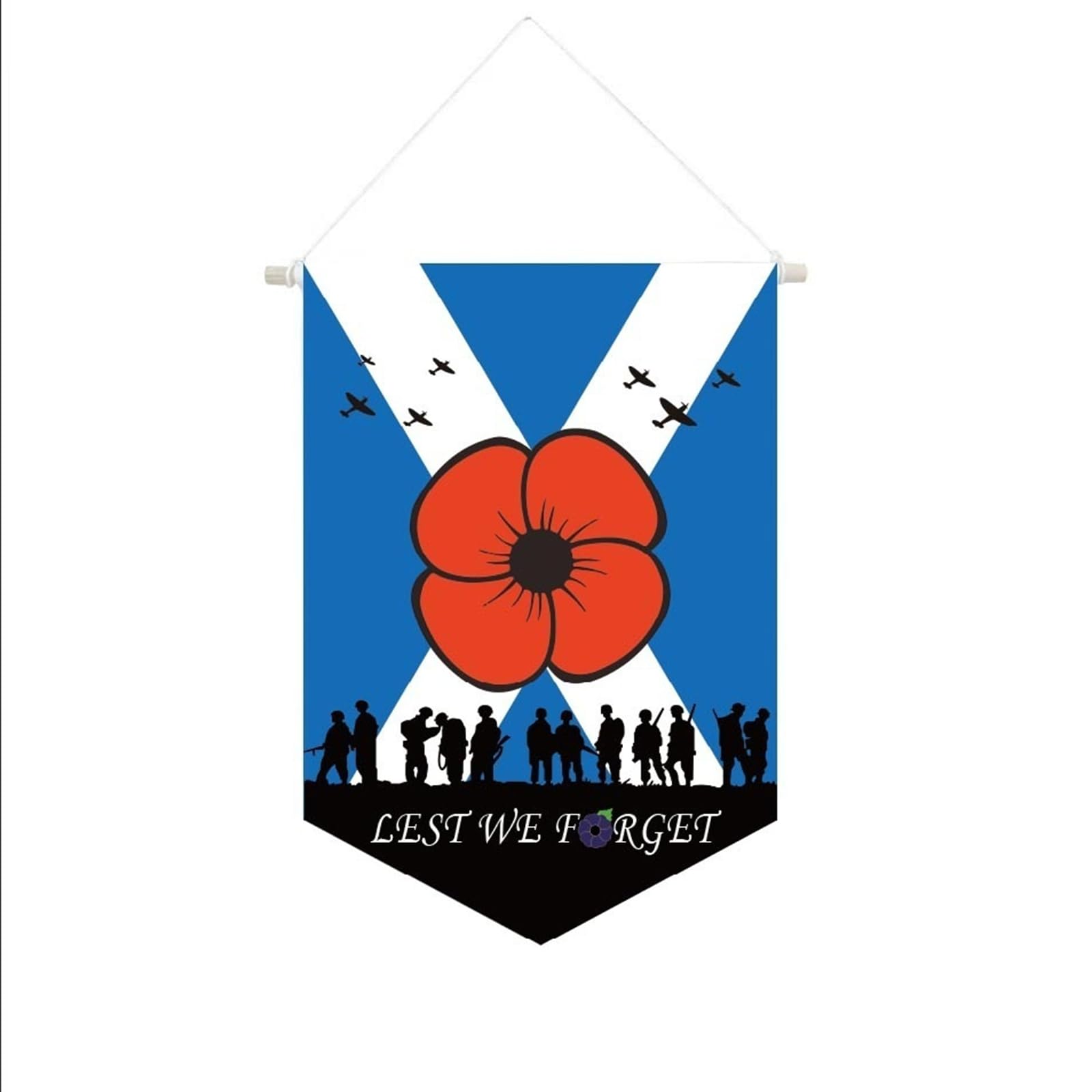 Red Poppy Lest We Forget Remembrance Day Hanging Rod Pennant Flag Banner 17x11inch One-Sided Decorations Memorabilia Gifts (Scotland)