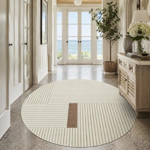 Tapis rond géométrique moderne beige gris marron de 110 cm - 2