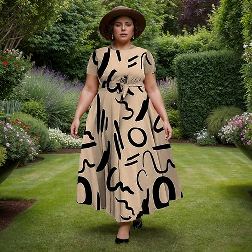 Image of Hostoyo Women Plus Size Formal A Line Maxi Dress Self Tie Waist with Pockets Elegant Round Neck Swing Long Dresses