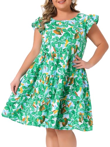 Image of Agnes Orinda Plus Size Summer Dress for Women Boho Flutter Sleeves Round Neck Floral Print Tiered Babydoll Ruffle Dresses