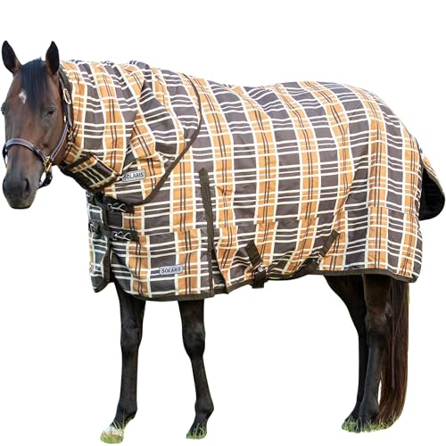 Jeffers Solaris 1200 Denier Turnout Blanket with Detachable Neck Rug - Brown & Cream Plaid 75' - Waterproof, Breathable Horse Blanket with 360g Polyfill, Ideal Protection for Winter, Heavyweight