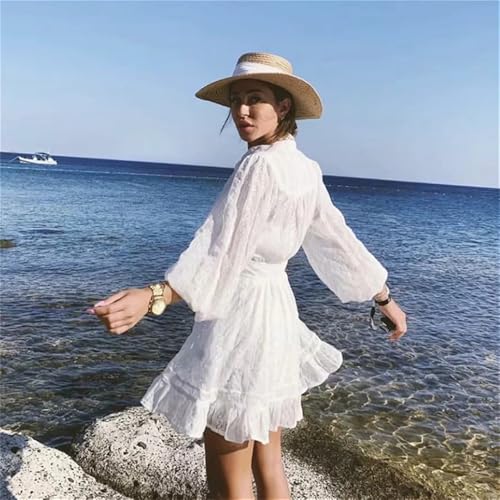 Women Embriodery Beach Dress Lantern Sleeve Summer Hollow Out Button Sash Dresses3