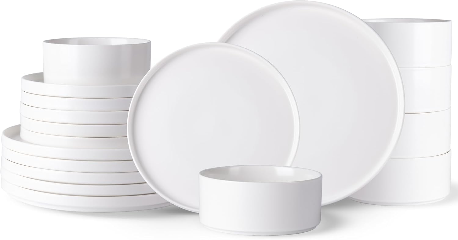 GBhome Ceramic Dinnerware Sets for 6, Matte Stoneware Plates and Bowls Sets,Chip and Scratch Resistant Dishes, Dishwasher & Microwave Safe, Oven safe,Reactive Glaze-White