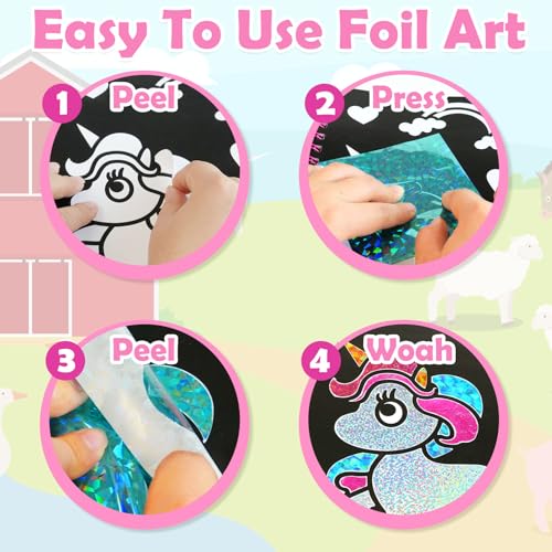 pigipigi Art Craft Activity for Kids: Foil Art Princess & Unicorn DIY Toy Kit, No Mess Creative Travel Supply Set, Idea Birthday Christmas Valentine Gift for Girl Boy Children 3 4 5 6 7 8 9 Year Old