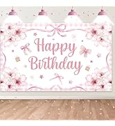 Bow Flower Birthday Backdrop,Bow Happy Birthday Banner Decorations for Girls Women Party Decor