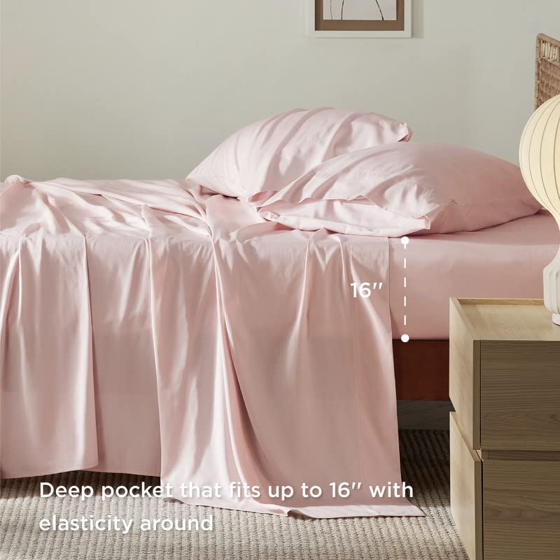 Bedsure Cooling Sheets Set, Rayon Made from Bamboo, Queen Sheet Set, Deep Pocket Up to 16", Hotel Luxury Silky Soft Breathable Bedding Sheets & Pillowcases, Pink