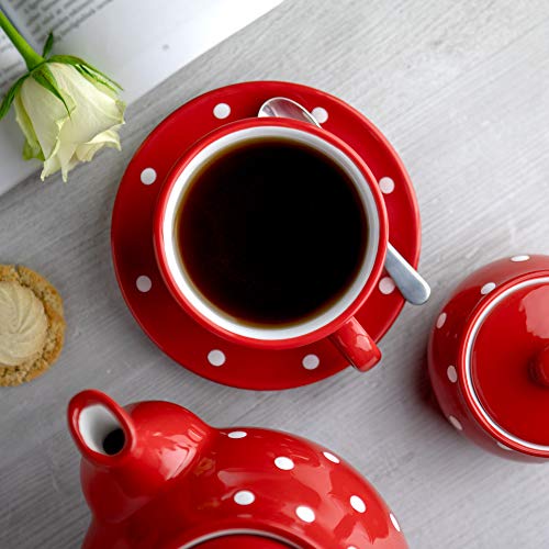 City To Cottage Handmade Red And White Polka Dot Large Ceramic 12Oz/350Ml Cappuccino Coffee Tea Cup And Saucer, Unique Designer Pottery Gift For Tea Lovers #TOP2