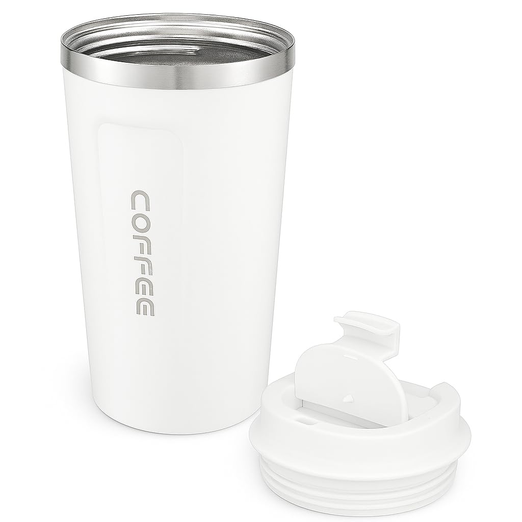 Fitto White Coffee Mug with Lid, 380ml Double Wall Insulated Stainless Steel Mug – Travel-Friendly, Leak-Proof Coffee Cup for Hot & Cold Beverages – BPA-Free, ASSORTED COLORS