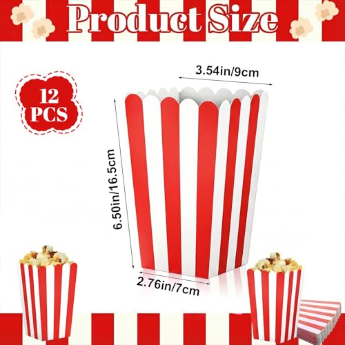 Image of 12 Pcs Paper Popcorn Boxes, Striped Popcorn Bags Decorative Containers Puffed Rice Bowl Buckets for Birthday Party Favor, Movie Nights, Party Favors, and Carnival Themed Events, Red and White