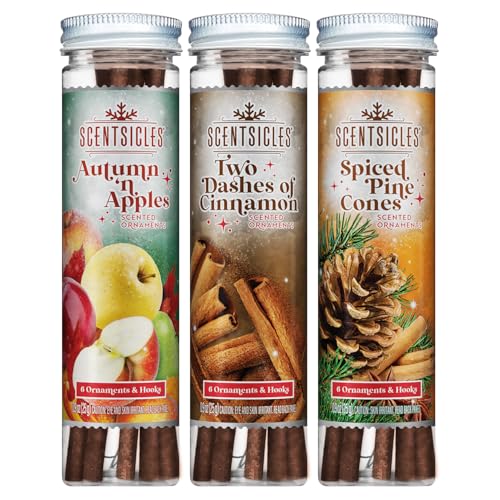 Scentsicles Autumn n Apples, Two Dashes of Cinnamon and Spiced Pine Cones Scented Ornaments Fall Three Pack with Hooks (3 Bottles with 6 Sticks Each)