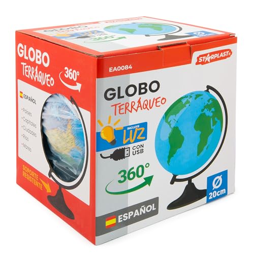 Starplast Globo Terráqueo - Con Luz USB, Soporte Metálico, Mapamundi, Educativo, Globo Girable, Decoración de Escritorio, Geografía, Español - 20 cm Diámetro