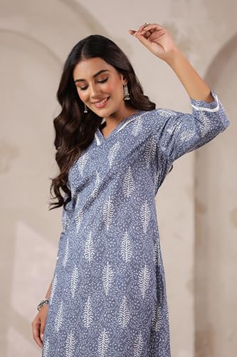 Image of Ichaa Women's Pure Cotton A-Line Ethnic V-Neck Kurta with 3 /4th Sleeve for Daily and Office Wear, in Plus Sizes